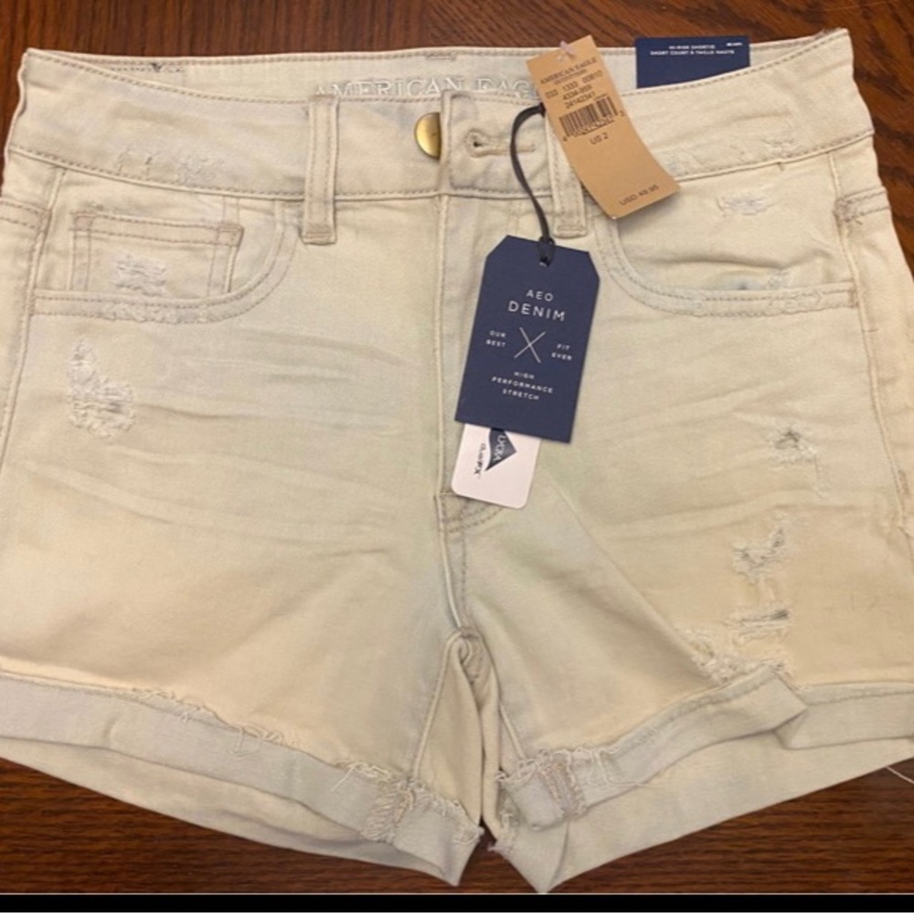 AMERICAN EAGLE WOMEN'S BLUE DENIM JEAN HI-RISE SHORTIE SHORTS SIZE  2 WAIST 28